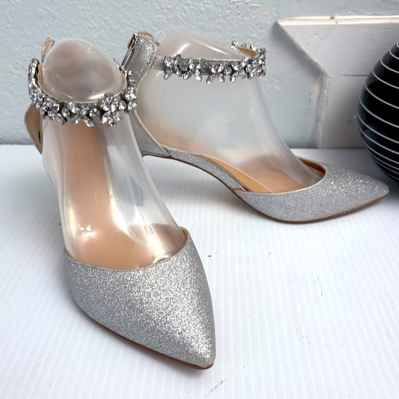 Jewel Badgley Mischka Shoes - Jewel Badgley Mischka Silver Raleigh Rhinestone Ankle Strap Pumps Size 7.5